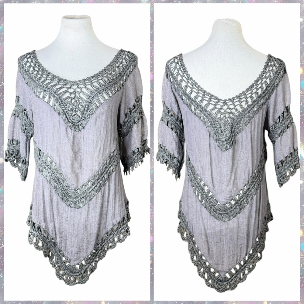 Dreamers Dark Gray Crochet & Gauze Boho Fringe Tunic Blouse - Size Medium - Picture 2 of 14